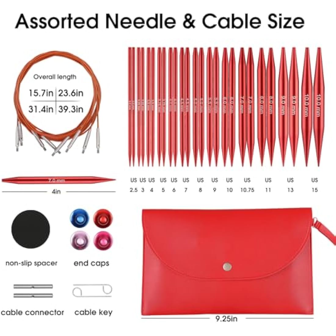 Interchangeable Circular Knitting Needles Set Sizes US 2.5, 3, 4, 5, 6, 7, 8, 9, 10, 10.5, 11, 13, 15 with Cables, Accessories and Case (Rose Red)