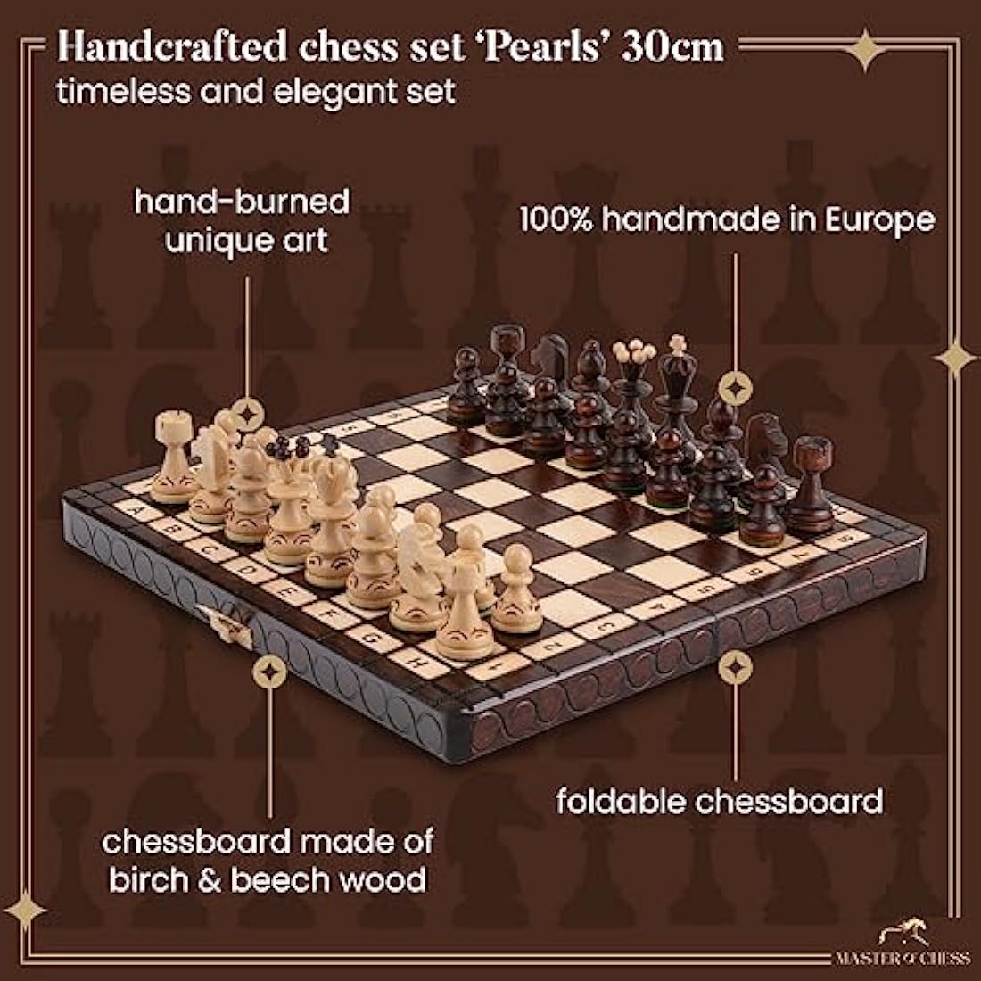 Master of Chess Wooden Chess Set with Pieces “PEARL” 30 cm / 12 in - Handcrafted Small Portable Chess Board Game for Adults and Kids - Solid Construction