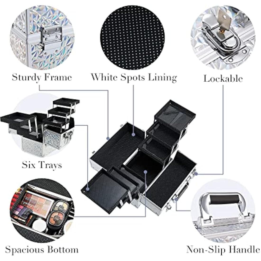 Frenessa 6 Trays Makeup Box Cosmetics Case Jewelry Organiser Vanity Make Up Storage Box Beauty Train Case Lockable with Keys, Silver