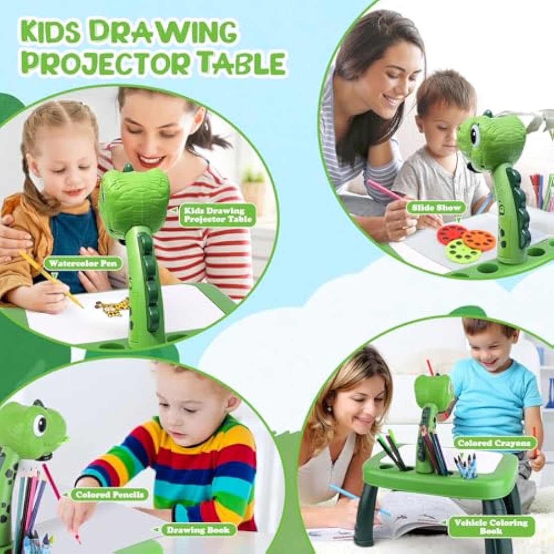 Dinosaur Drawing Projector Table with 72 Patterns Drawing Board Kids Art Tables with Pens,Pencils,Crayons,Scrapbook,Sticker Book,Unicorn Stickers,Stamps （12.6 * 9.5 * 14.5 inches）