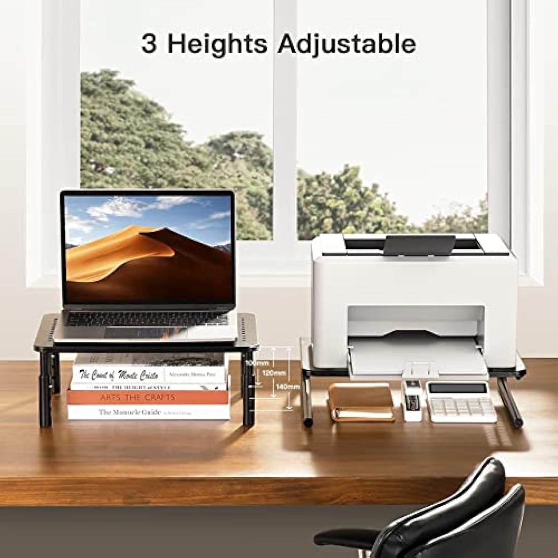 HUANUO 2-Pack Monitor Stand - 3 Height Adjustable Monitor Riser for Laptop, Computer, iMac, PC, Printer, Desktop Metal Ergonomic Desk Monitor Stand Riser with Ventilated Platform for Airflow