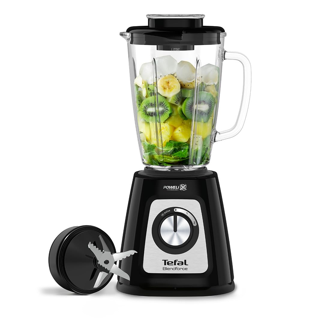 Tefal Blendforce II Blender, 2L Plastic Jug, 1.25L Effective Capacity, 600W, 4 Removable Stainless Steel Blades, Smoothie, Ice Crush, 2 Speeds + Pulse, Kitchen Shakes Maker, Black, BL420840