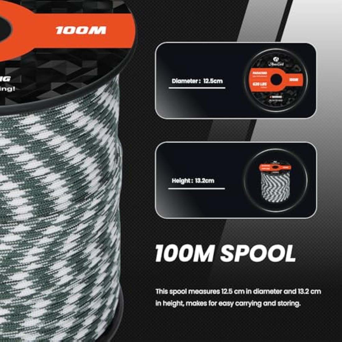 Abma Cord Paracord 4mm 100m 100% Nylon Rope 9 Strands Type III Parachute Cord for DIY, Camping, Survival, Outdoor - Max. 280kg - Shamrock Frost