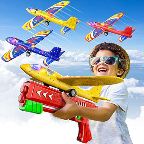 Doloowee 3 Pack Airplane Launcher Toys, 12.6 Inch LED Foam Glider Airplane Catapult, 2 Flight Modes, Outdoor Sports Flying Toys 4 5 6 7 8 9 10 11 12 Years Old Boys Girls Birthday Gifts (Red)