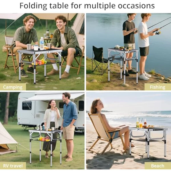 Anbte Folding Camping Table with Storage Net, 3 Adjustable Heights Aluminum Picnic Table, 2ft Portable Table Waterproof Lightweight, for Outdoor Indoor Garden Beach Backyard, 60cm x 40cm, black