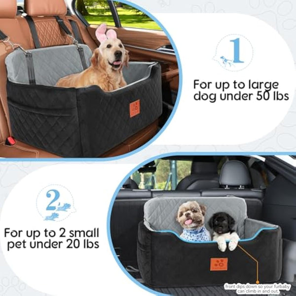 Dog Car Seat for Medium/Large Dogs, Dog Booster Seat for Dog Under 50lbs or 2 Small Dogs, Detachable and Washable Pet Car Seat, Multi-Functional Travel Dog Bed & Dog Sofa(Black/Grey)