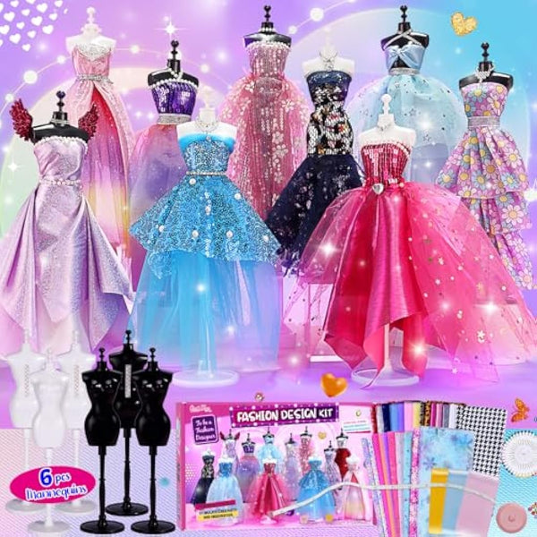 1000+Pcs - Fashion Designer Kit for Girls with 6 Mannequins- Creativity DIY Arts & Crafts Kit Learning Toys Sewing Kit for Kids- Teen Girls Kids Birthday Easter Gift Present Age 6 7 8 9 10 11 12+