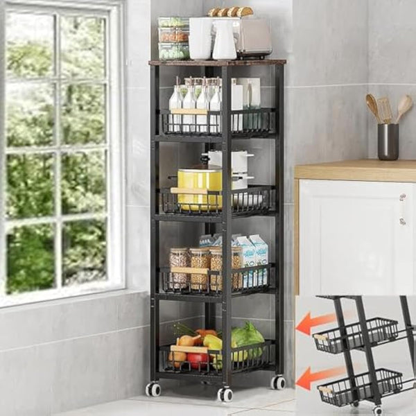 KOLENSA Metal Wire Baskets with Wheels, Stackable Storage Bins Kitchen Organizer Shelf, Multi Layer Fruit Vegetable Cart Dishes Seasonal Rack Freestanding with Pull Out Slide Drawer