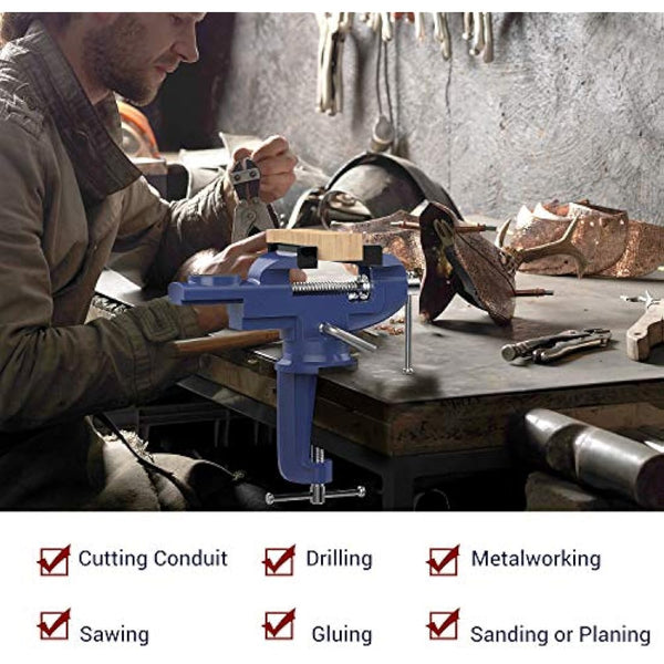 Nuovoware Table Vise 70mm, 360° Swivel Base Universal Home Portable Bench Clamp, Clamp-on Vise Bench Clamps Fixed Tool for Woodworking, Metalworking, Cutting Conduit, Drilling, Sawing, Blue