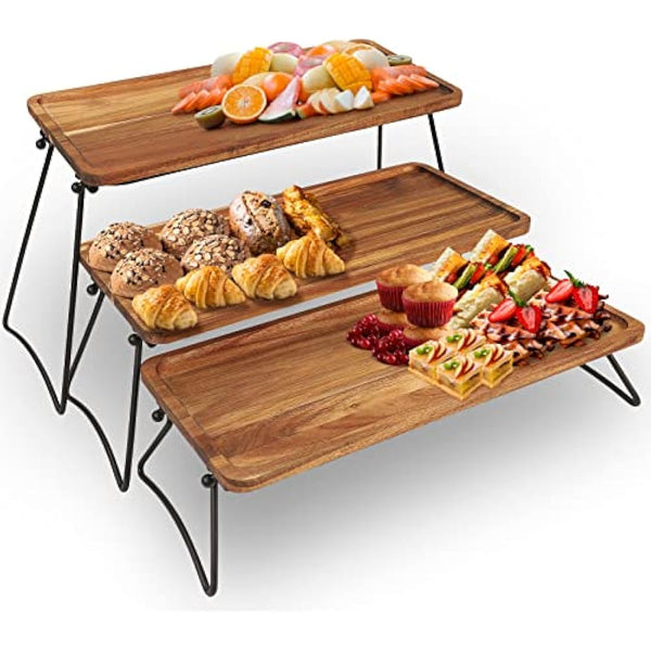 3 Tier Dessert Display Stand, Cupcake Stand & Towers Serving Tray Set, Portable Foldable Food Display Stand, Tiered Chees Charcuterie Boards, Acacia Wood Trays, for Outdoor, Party, Picnic, Dinner