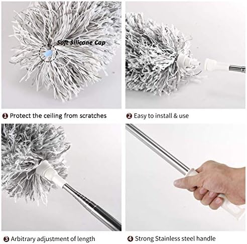 Feather Duster Extendable with Stainless Steel Extension Pole, 100 Inches Extra Long Telescopic Dusters, Microfiber Duster with Bendable Head for Cleaning Interior Roof, Cobweb, Ceiling Fan, Cars