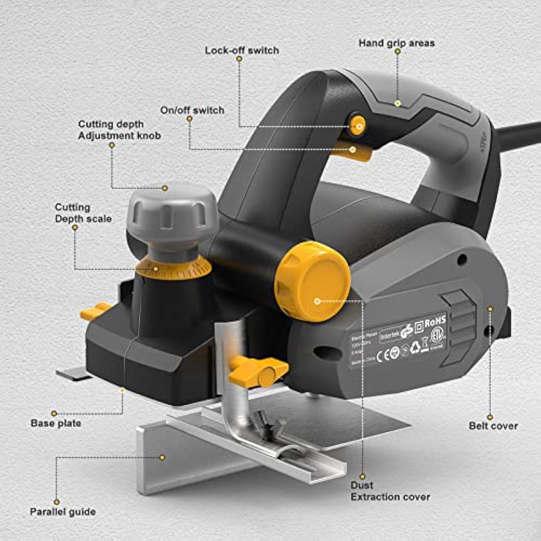 Jellas Electric Planer, Voltage 230-240V Electric Hand Planer, 16000RPM Planer, with 2 Reversible HSS Blades, 2mm Adjustable Cut Depth, Parallel Fence Bracket, Ideal Planer Woodworking, EP710