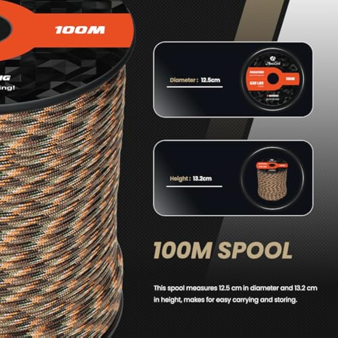 Abma Cord Paracord 4mm 100m 100% Nylon Rope 9 Strands Type III Parachute Cord for DIY, Camping, Survival, Outdoor - Max. 280kg - Hidden Camo