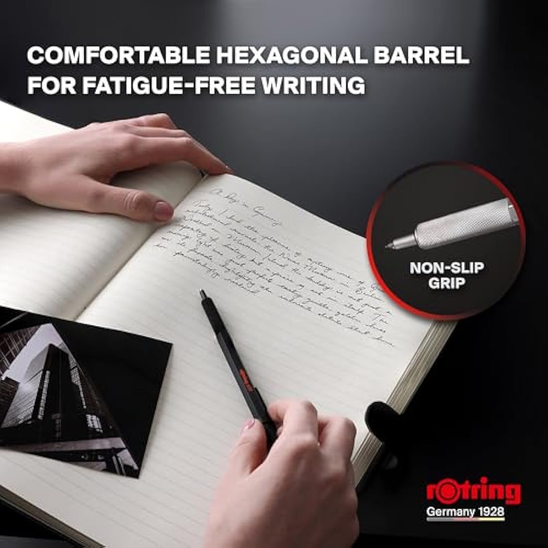 rOtring 600 Gel Pen | 0.55 mm | Black Ink | Black Metal Body Pen | Non-Slip Knurled Grip & Hexagonal Barrel | Refillable