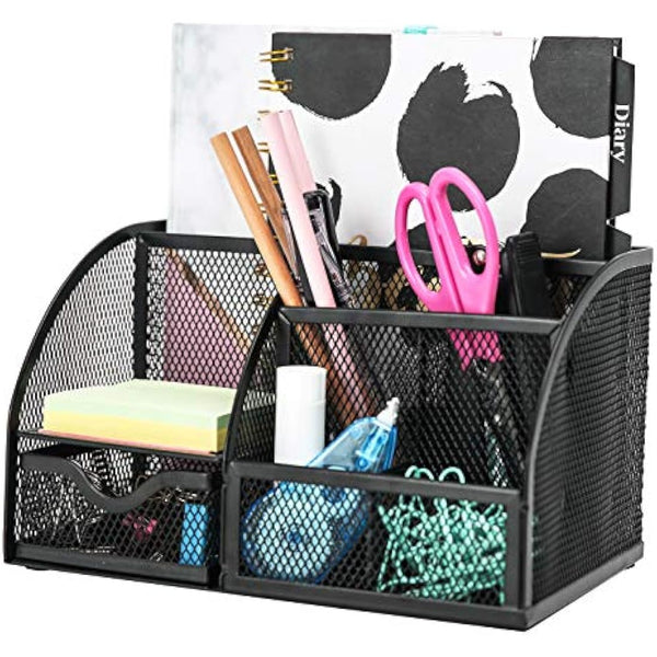 EXERZ Desk Organiser/Mesh Desk Tidy Caddy/Pencil Holder Multifunctional with 7 Compartments- Black