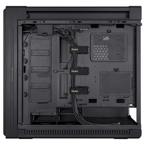 ASUS ProArt PA602 E-ATX computer case, 420 mm radiator support, one 140 mm and two 200mm pre-installed system fans, front panel IR dust indicator, power lock latch, tool-less PCIe mounting