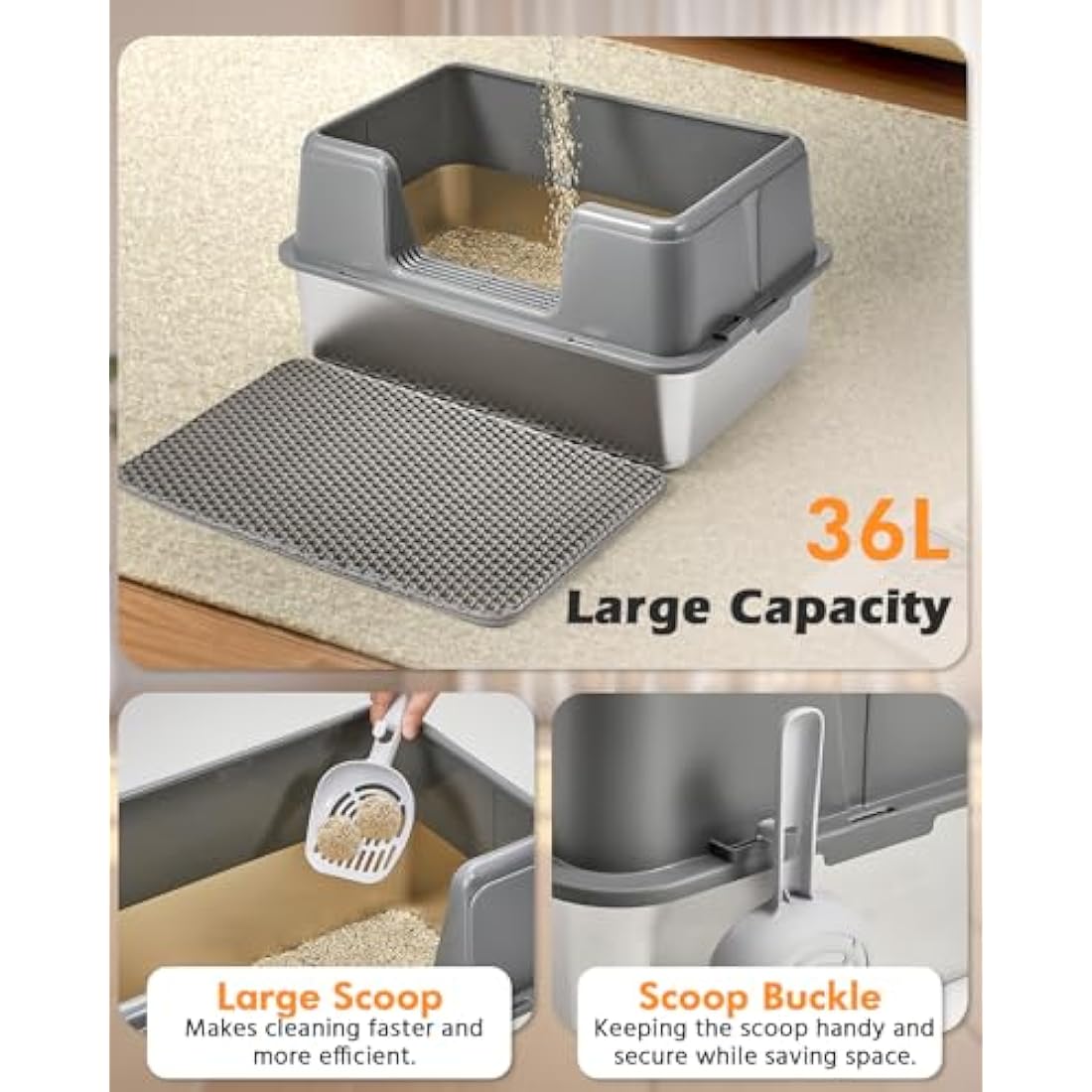Papettly Extra Large Stainless Steel Litter Box, 36L Cat Litter Tray with Splash-Proof Lid, Easy Cleaning Odor-Less XL Cat Litter Tray with Double Layer Litter Mat, Litter Scoop, Brush, 60x40x31CM