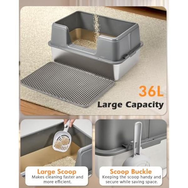 Papettly Extra Large Stainless Steel Litter Box, 36L Cat Litter Tray with Splash-Proof Lid, Easy Cleaning Odor-Less XL Cat Litter Tray with Double Layer Litter Mat, Litter Scoop, Brush, 60x40x31CM