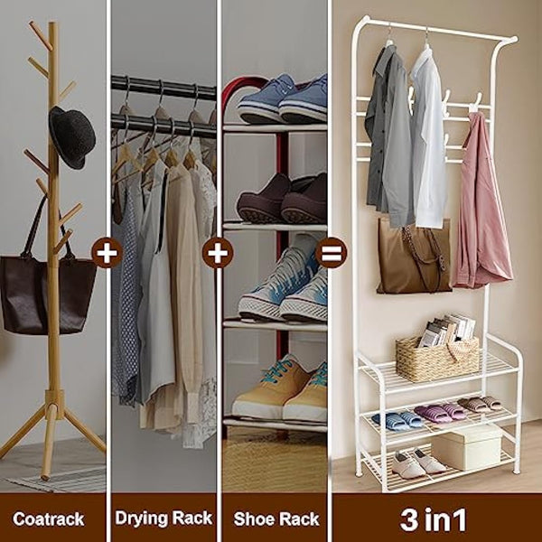 Innotic Coat Rack Stand with Shoe Rack and Removable 16 Hooks Free Standing Hall Tree Matte Steel Frame Hat Rack Coat Stand for Storage, White