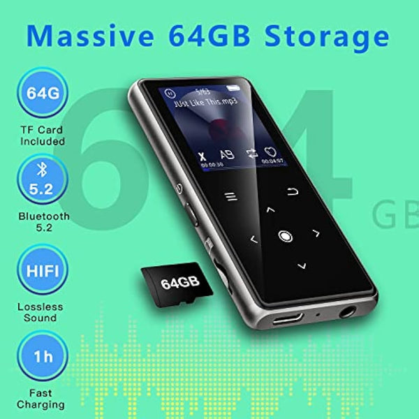 64GB MP3 Player with Bluetooth 5.2, AiMoonsa Music Player with Built-in HD Speaker, FM Radio, Voice Recorder, HiFi Sound, E-Book Function, Earphones Included