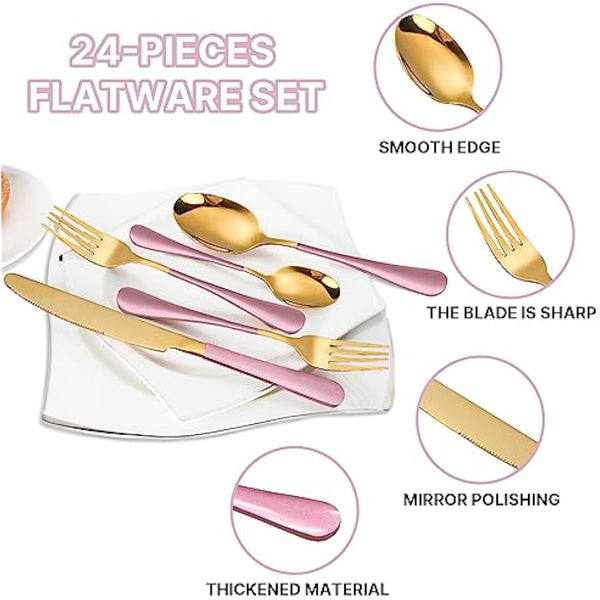 24 Piece Flatware Set, Stainless Steel Cutlery Set with Silverware Holder, Spoons, Forks, and Knives, Utensil Set Service for 6, Gold Mirror Polished and Matte Pink Painted (Pink)