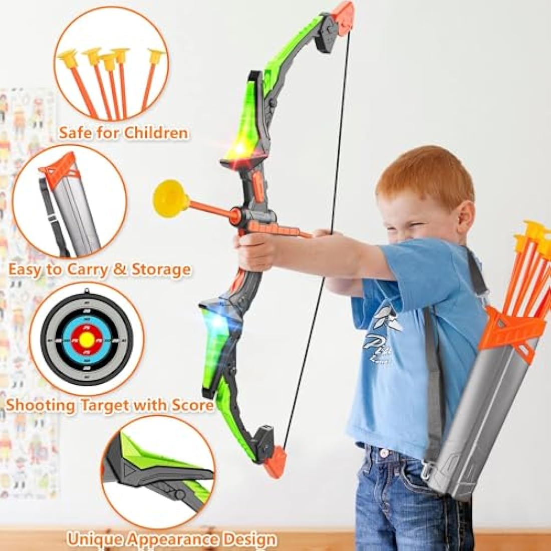 Hollyhi Bow Arrow Set for Kids, LED Light Up Archery Set Toys with 10 Arrows, Indoor Outdoor Shooting Games Hand-eye coordination Birthday Gifts for 5 6 7 8 9 10 11 12 13 14 Year Old Boys Girls