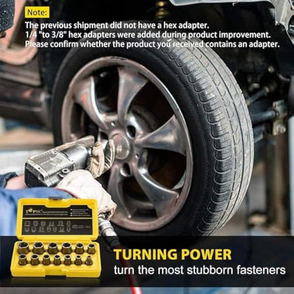 13+1 Piece Impact Bolt & Nut Remover Set - 3/8" Drive with Nut Extractor Socket, Hex Adapter, and Bolt Remover Tool for Damaged, Rusted, or Rounded-Off Bolts, Nuts, and Screws