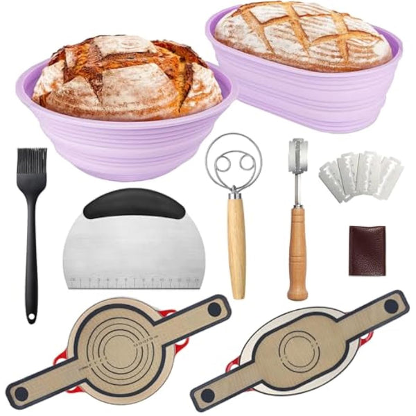 Bread Proofing Basket Sourdough Starter Kit-Sourdough Proving Basket Kit Bread Making Accessories with Foldable Silicone 9 Inch Round&10 Oval Sour Dough Starter Kits,Danish Dough Whisk,Bread Lame