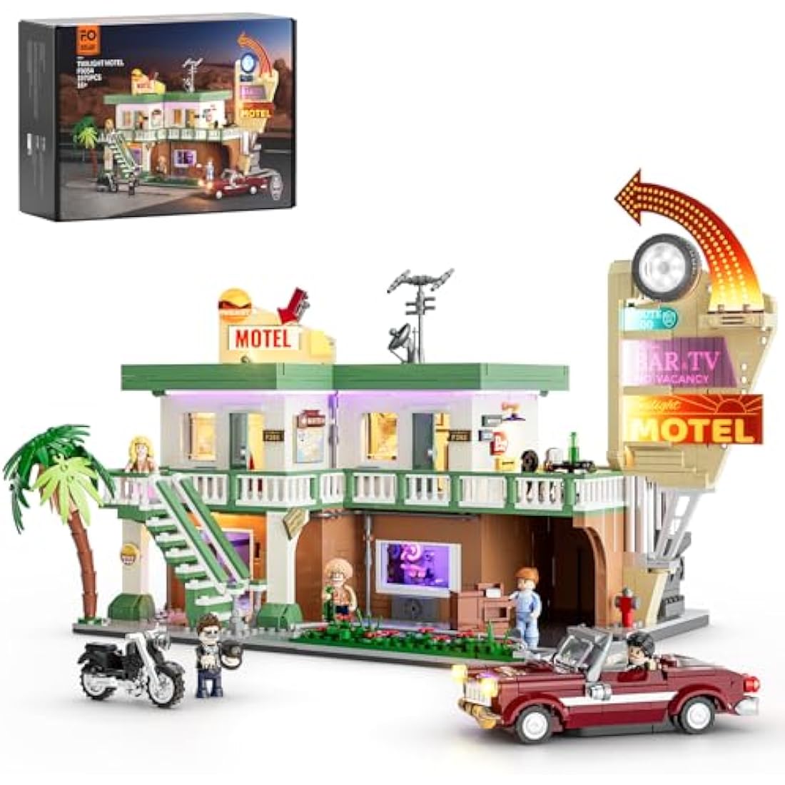 FUNWHOLE City Car-Hotel Lighting Building-Bricks Set - Road Trip Modular Twilight Motel Collection Light Car and Motorcycle Building Set 1970 Pcs for Adults and Teen