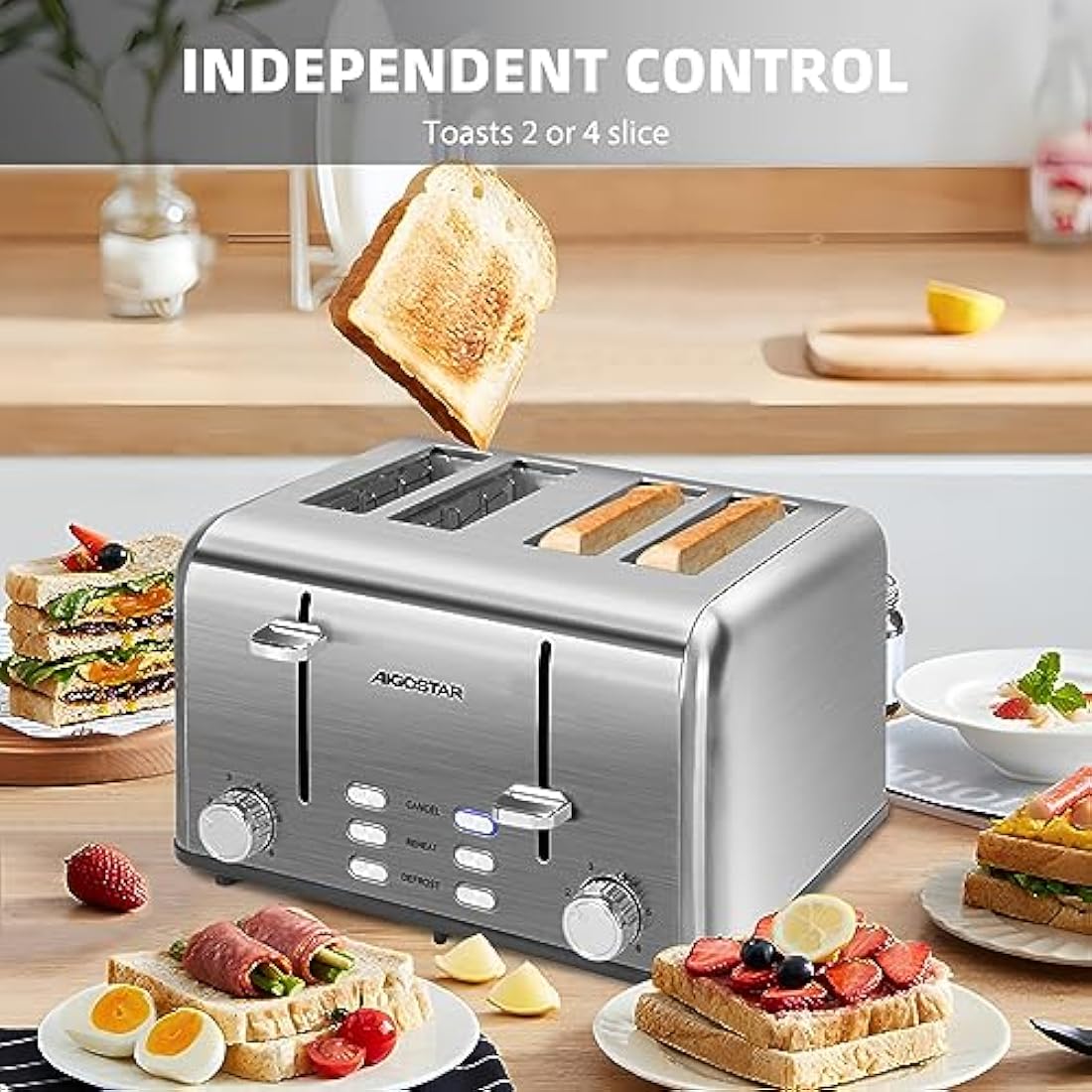Aigostar Toaster 4 Slice Stainless Steel Toaster with Independent and Extra-Wide Slots, High Lifting, Defrost & Reheat Functions, Variable Browning Settings, Silver - Gordon 30ZGE