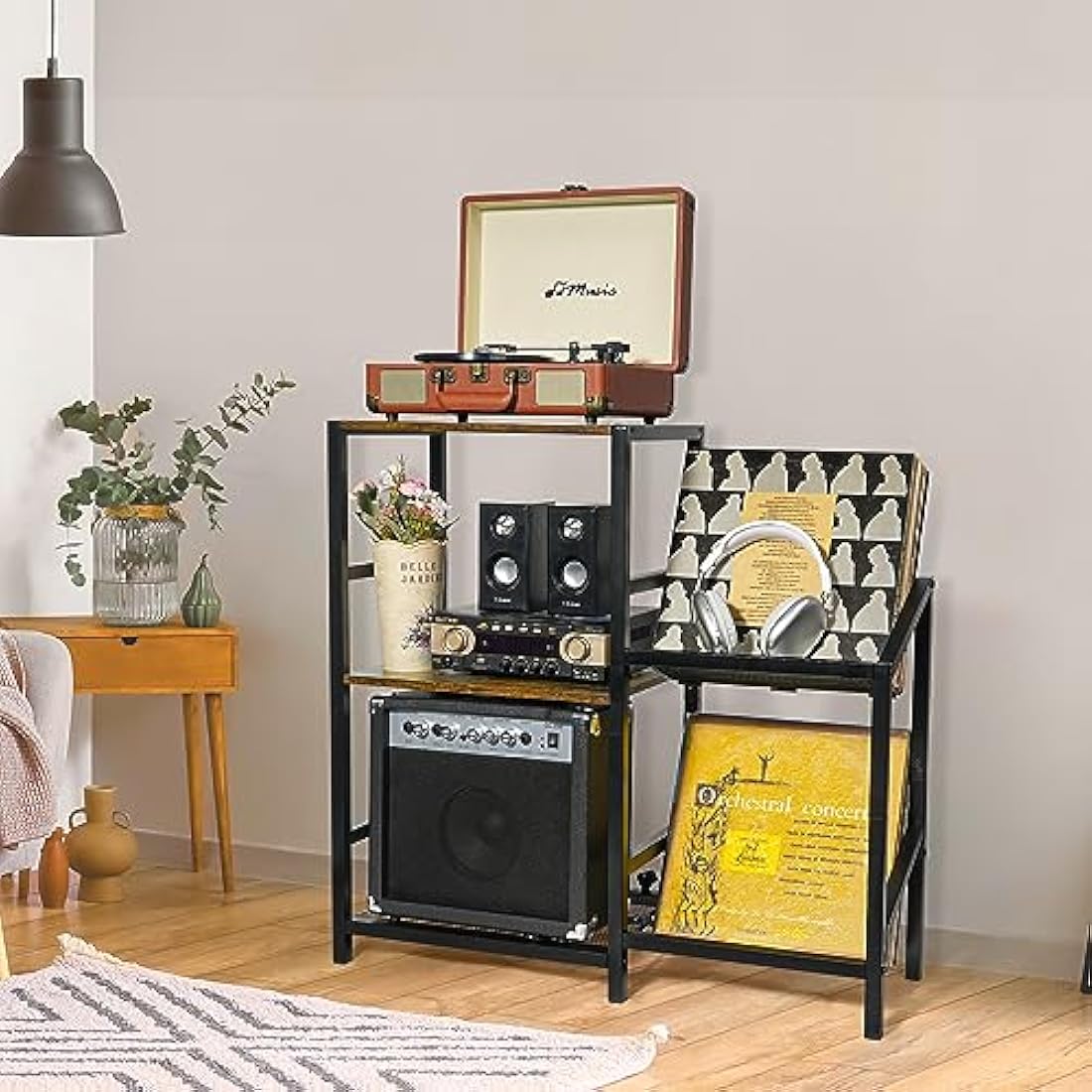 ikkle Record Player Stand with Vinyl Record Storage, 2-Tier Metal Mesh Record Storage for Up to 200 Albums, Turntable Stand with Vinyl Holder for Living Room Bedroom