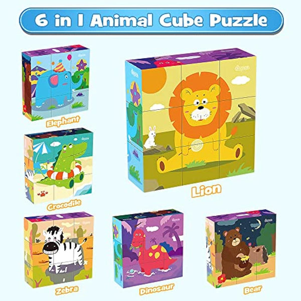 Japace Wooden Jigsaw Puzzles for Toddlers, 6 in 1 Animal Puzzle 3D Wooden Cube Block Toys Montessori Educational Games for Kids 1 2 3 4 Years Old Birthday for Boys and Girls (Medium)