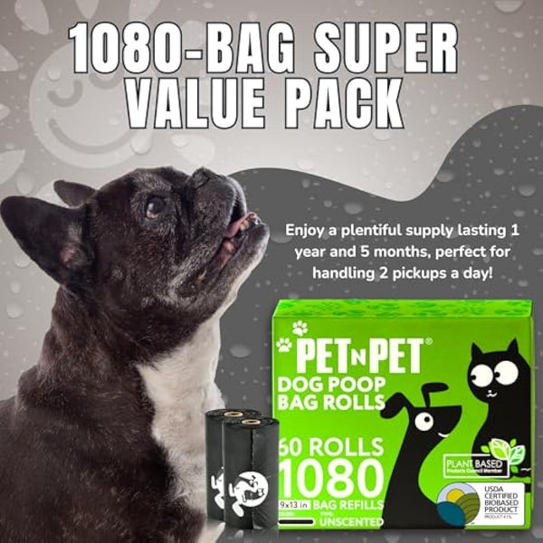 PET N PET 1080 Count Biodegradable Poo Bags Dogs USDA Certified 38 percent Biobased 72 Thick Dog Poop Bags Rolls 9x13 Leak-Proof Black Unscented