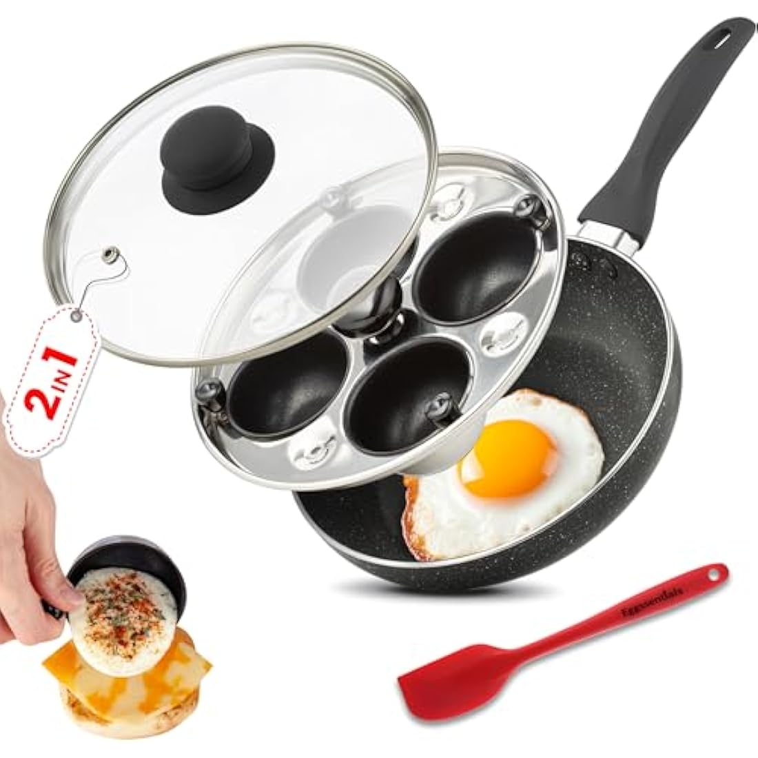 Eggssentials 2 IN 1 Egg Pan & Poacher, Granite Nonstick Fry Pan with Lid, Poached Egg Maker - 4 Cups
