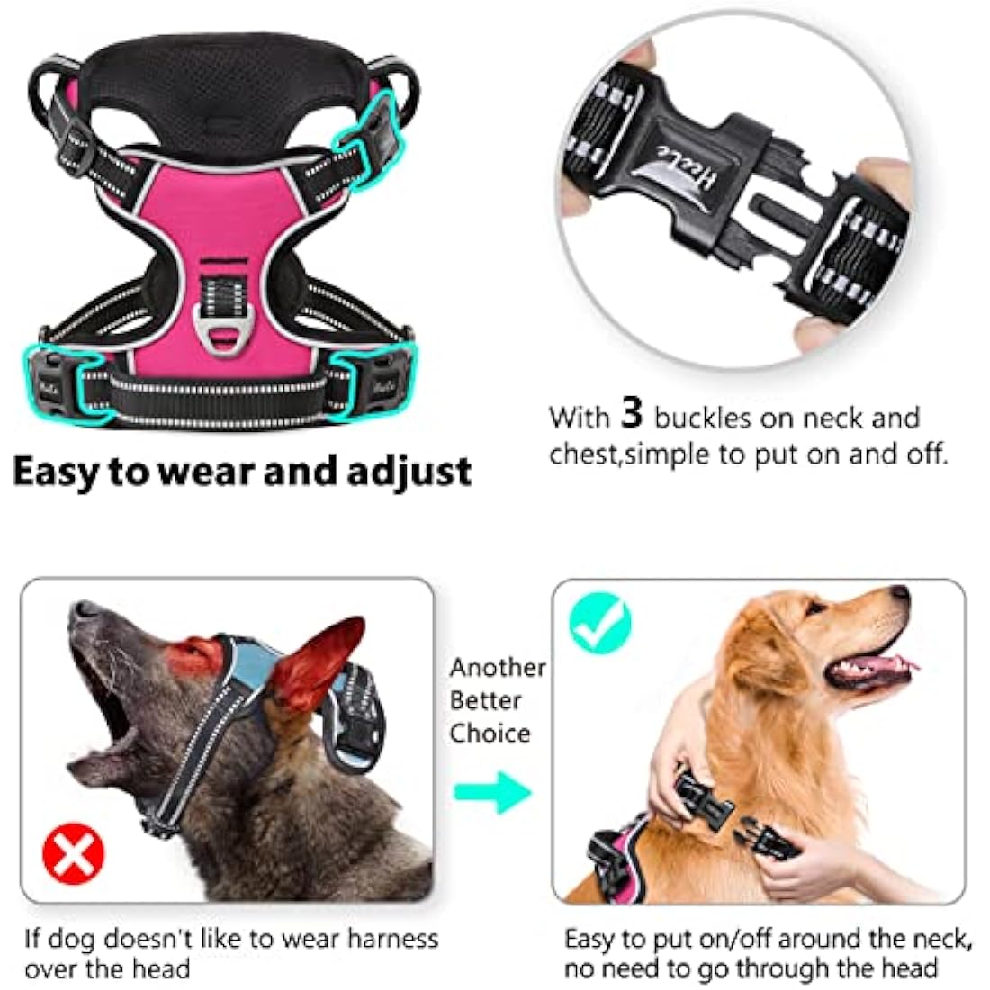 HEELE No Pull Dog Harness, Release on Neck, Reflective Adjustable with Front Back 2 Leash Attachments and Soft Padded Control Handle for Small Medium Large Dogs, Fuchsia, XL