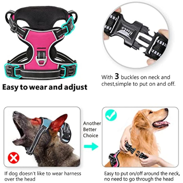 HEELE No Pull Dog Harness, Release on Neck, Reflective Adjustable with Front Back 2 Leash Attachments and Soft Padded Control Handle for Small Medium Large Dogs, Fuchsia, XL