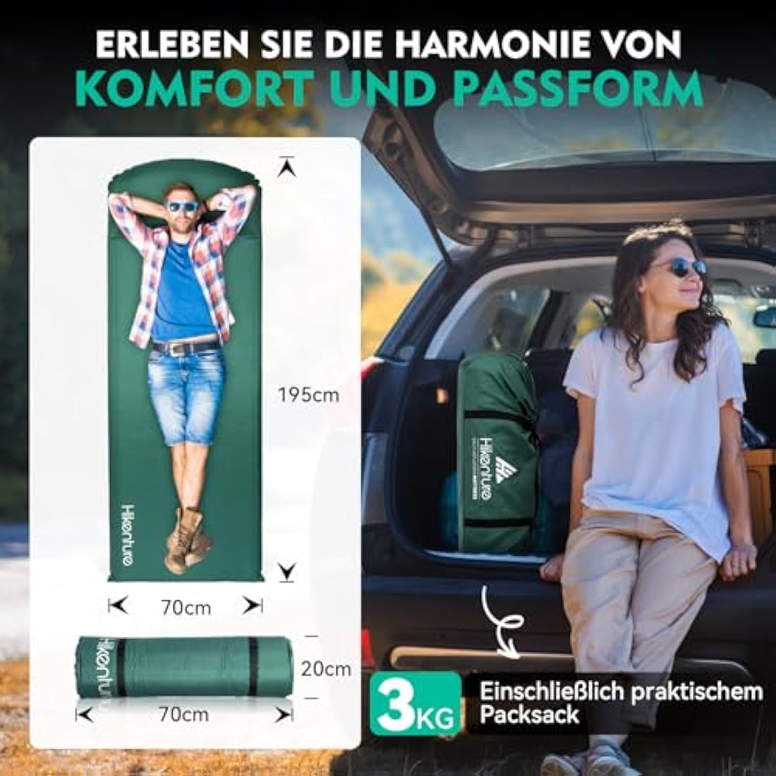 HIKENTURE Self-Inflating Sleeping Mat, 8 cm Thick Foam Camping Mattress, Self-Inflating Air Mattress, Comfortable Sleeping Mat for Outdoor, Tent, Hiking A2