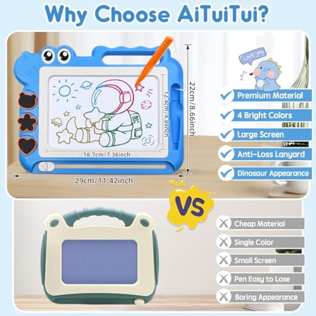 AiTuiTui Dinosaur Magnetic Drawing Board Kids Toys for 2 3 4 5 Years Old Girls Boys Birthday, Color Erasable Doodle Education Learning Kid Age 2-7, Toddler Drawing Travel Toys (Blue)
