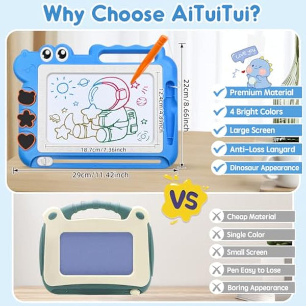 AiTuiTui Dinosaur Magnetic Drawing Board Kids Toys for 2 3 4 5 Years Old Girls Boys Birthday, Color Erasable Doodle Education Learning Kid Age 2-7, Toddler Drawing Travel Toys (Blue)