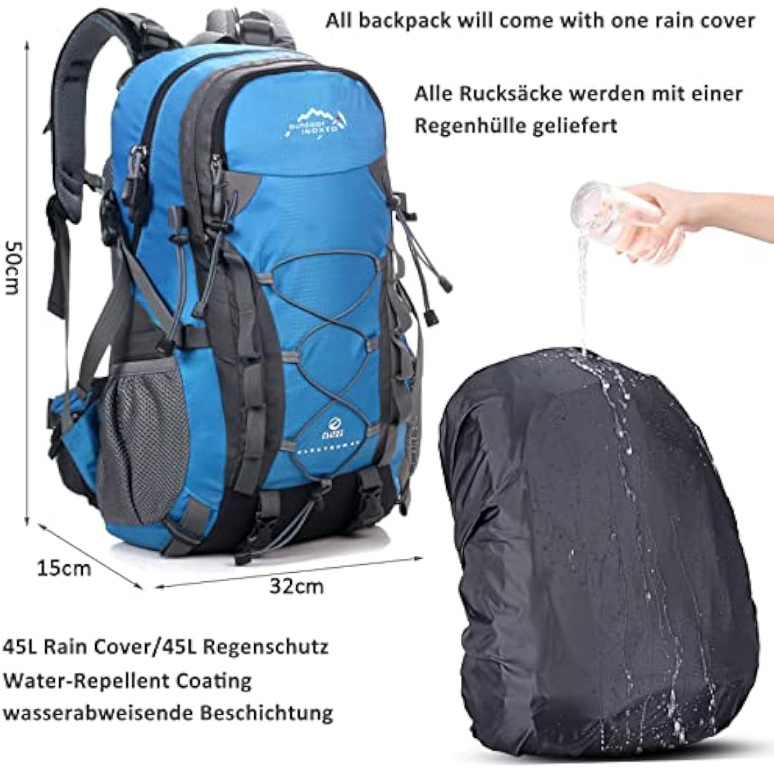 A AM SeaBlue 40L Hiking Backpack for Men and Women Trekking Rucksack Lightweight Travel Daypack with Waterproof Rain Cover,Large Sports Bag for Outdoor Activities