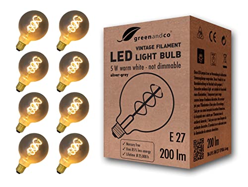 greenandco E27 G95 LED Vintage Filament Bulb Silver Grey 5W 200lm 1800K Extra Warm White 360 230V, no Flicker, not dimmable, 8-Pack