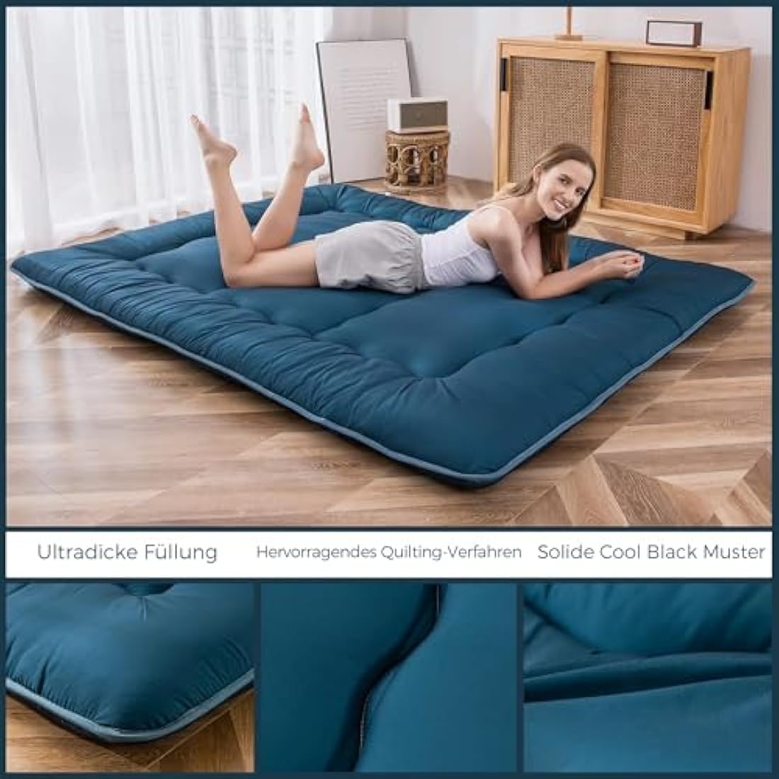 Japanese Floor Mattress Futon Mattress, Thicken Tatami Mat Sleeping Pad Foldable Roll Up Mattress Dormitory Mattress Pad Floor Lounger Pillow Bed (Bluestone, Single)