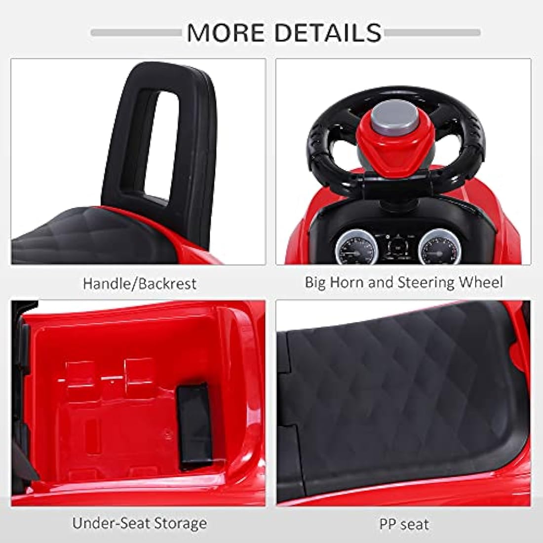 HOMCOM 3-in-1 Ride On Car Foot To Floor Slider Toddler w/Horn Steering Wheel NO POWER Manual Under Seat Storage Safe Design for 1-3 Year Old Red