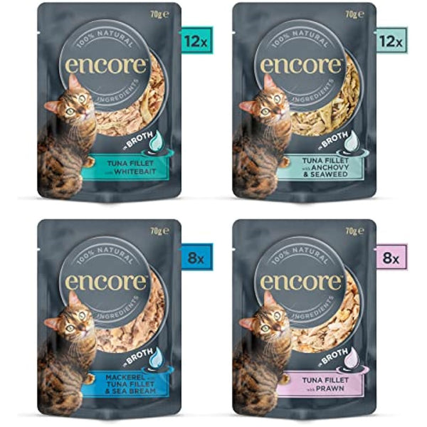 Encore 100% Natural Wet Cat Food, Multipack Fish Selection in Broth 4 x 10 x 70g (Total 40 Pouches)