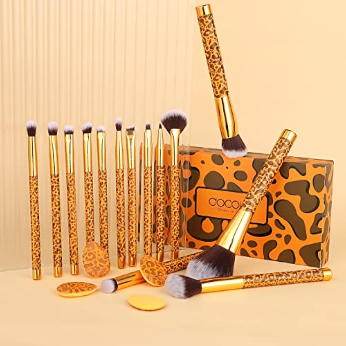 Docolor Leopard Makeup Brushes 14 Pieces with 4 Pieces Finger Puffs Professional Make up Brushes Set Premium Synthetic Kabuki Foundation Blending Brush Face Powder Blush Concealers Eye Shadows