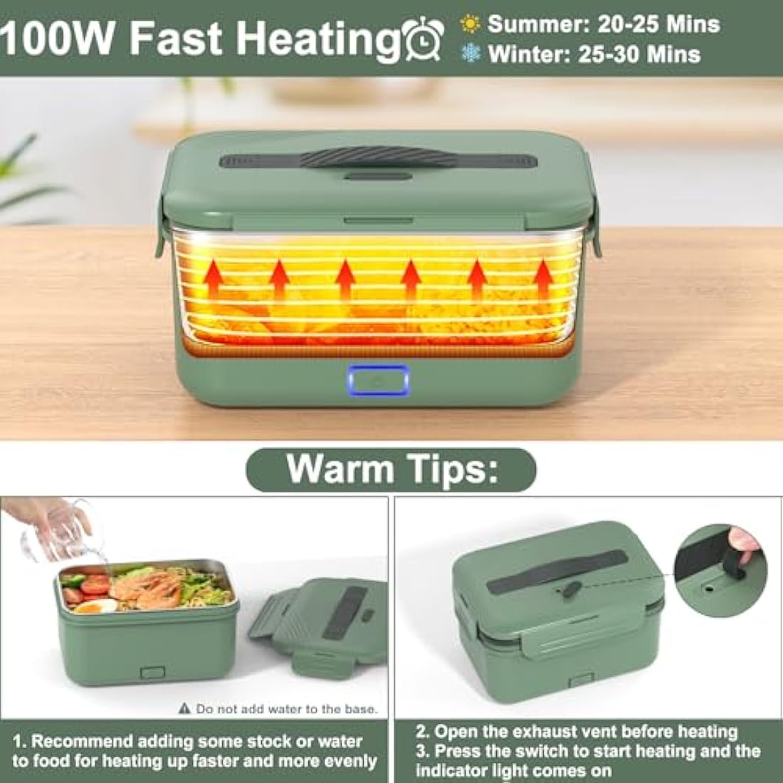 Vabaso 100W Electric Lunch Box with Fruit Compartments, Heated Lunch Box Adults with Insulated Lunch Bag, 1.8L Large Capacity 304 SS Container,Leakproof, Father's Day Gifts for Car Truck Driver Green