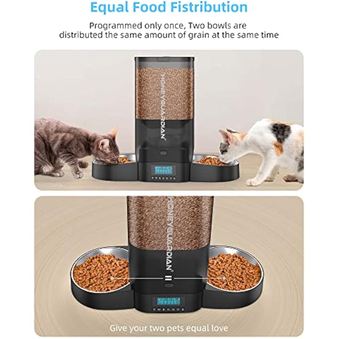HoneyGuaridan Automatic Cat Feeder for 2 Cats, Equally Distributed Cat Feeder Timer Dispenser with 4-stage Seal Lock Fresh, 10s Voice Recording, Up to 6 Meals a Day - for Multi-Cats & Dogs (5L)