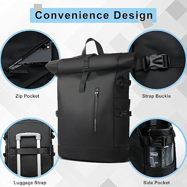 hk Roll Top Backpack Large Laptop Backpack 15.6'' USB Port Water-resistant Anti-theft Rucksack Travel Hiking Camping College School Work (27L Black)