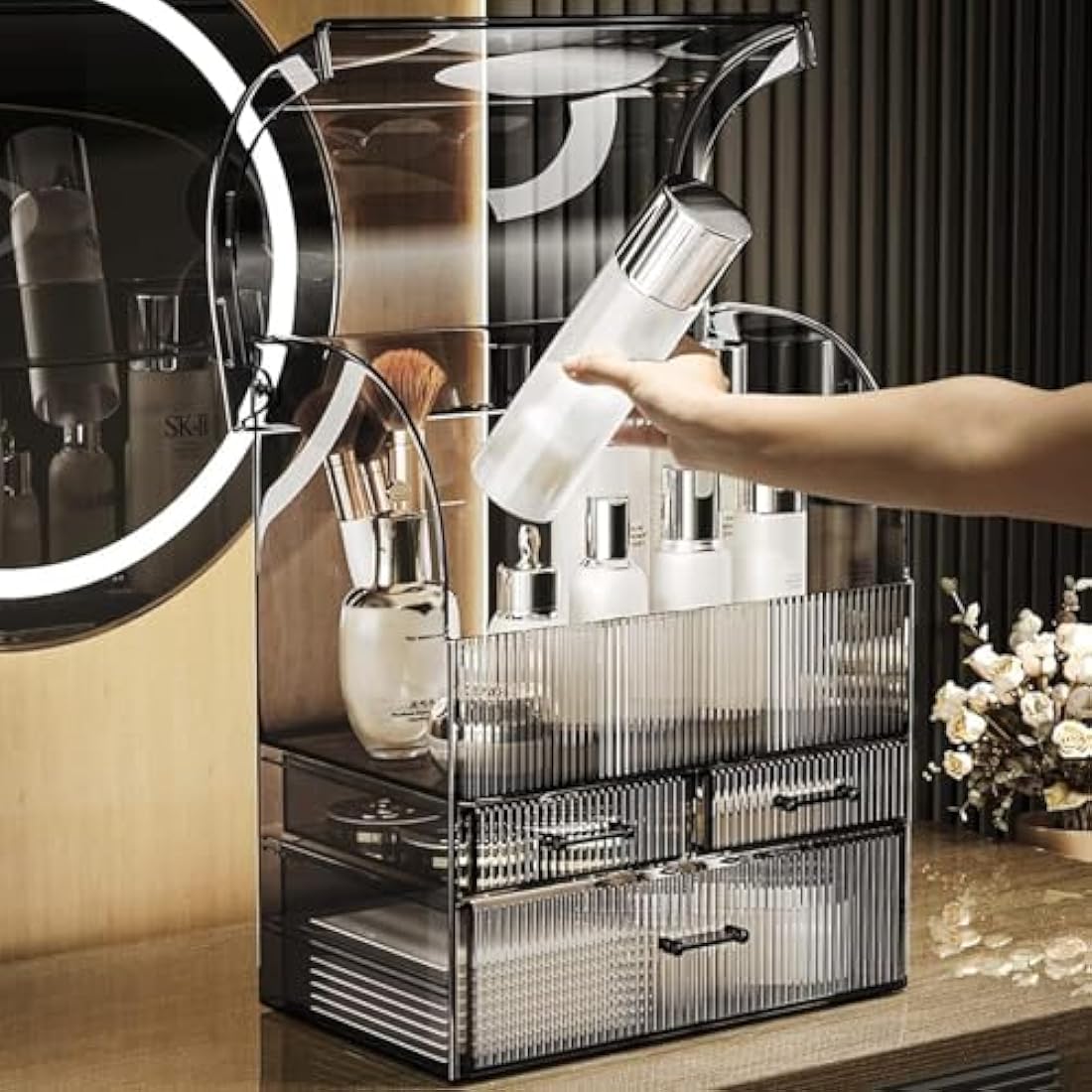 SIOOUI Acrylic Cosmetic Storage Organizer, High Capacity Cosmetics Storage Display Case with Drawers, Perfume Makeup Organizer Box with Water Proof Cover for Bedroom Vanity Desk, Bathroom(Black-XL)