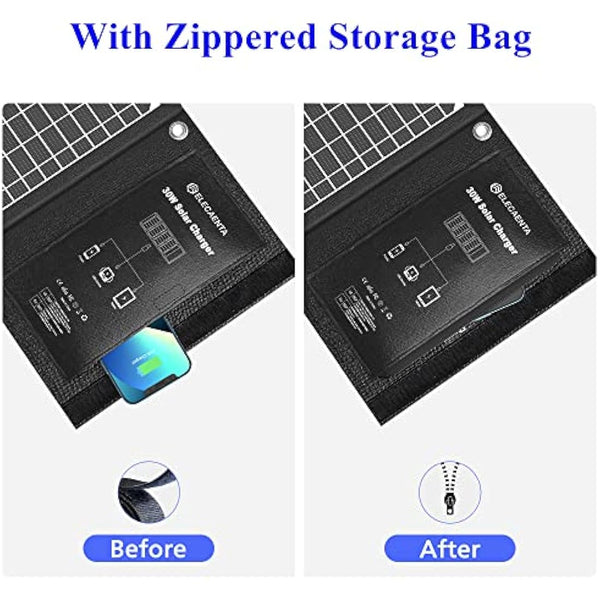 ELECAENTA 30W ETFE Foldable Solar Charger 3 USB Ports USB-C PD18W QC3.0 Zipper Protection Portable Solar Panel IPX5 Waterproof for Cell Phone Smartphone Tablet Powerbank Camera Outdoor Camping Travel